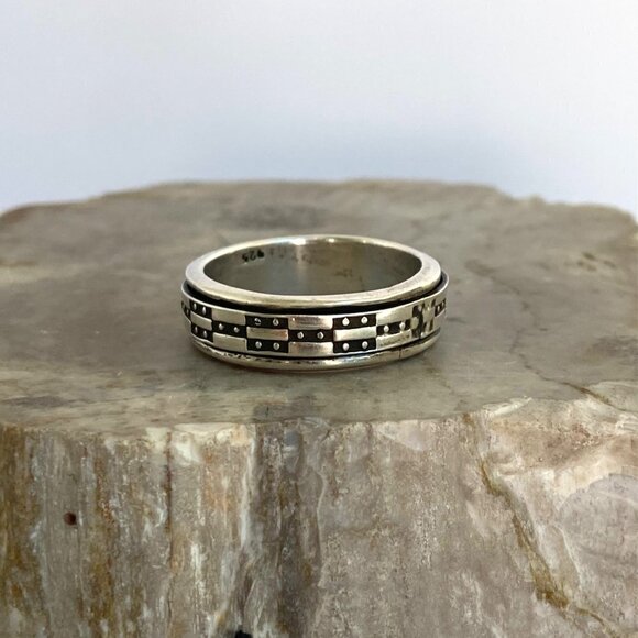 Solid Sterling Silver 925 Wide Geometric Pattern Unisex Spinner Band Ring Sz 12 - Picture 7 of 16